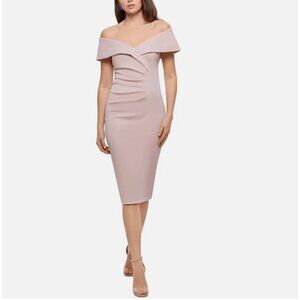X by Xscape Off the Shoulder Ruched Midi Cocktail Party Dress Dusty Pink Sz 8